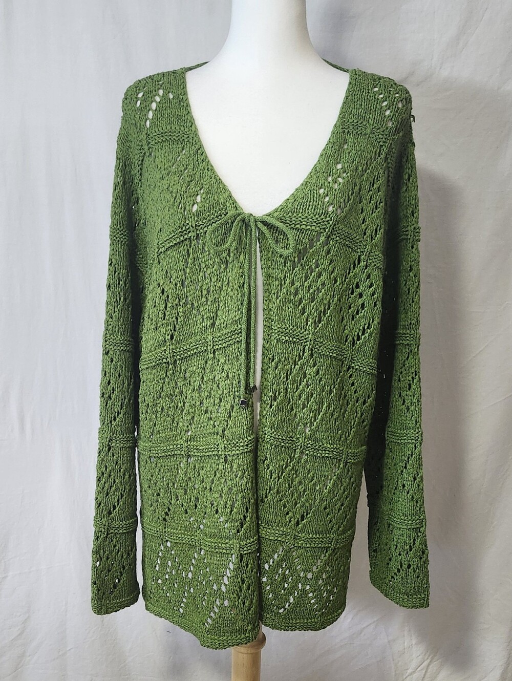 Green Knit Tie-Front Women's Sweater Open Cardigan
